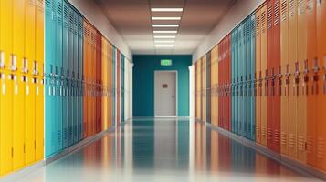 Colorful school hallway with vibrant lockers, bright lighting, and a door at the end creating an inviting educational atmosphere. photo