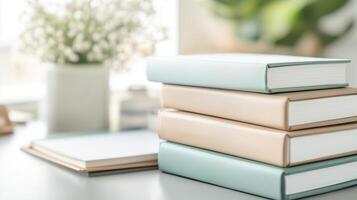 A serene workspace featuring stacked books and a decorative plant, perfect for promoting learning and creativity. photo