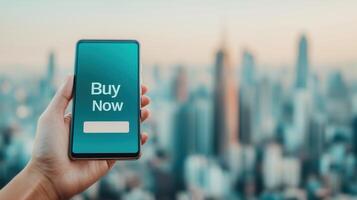 A hand holding a smartphone displaying a 'Buy Now' message against a city skyline, symbolizing modern commerce. photo