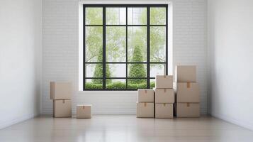 A spacious room featuring stacked cardboard boxes near a large window with a view of greenery, ideal for moving or storage. photo