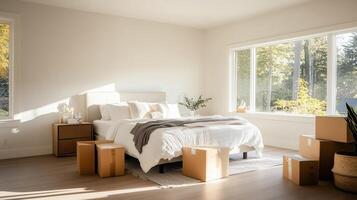 A modern bedroom filled with natural light, featuring a cozy bed and unpacked boxes, perfect for a restful atmosphere. photo