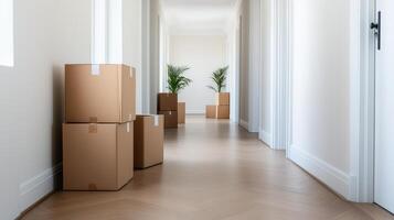 A modern hallway featuring unpacked cardboard boxes and decorative plants, ideal for moving or interior design themes. photo