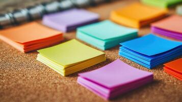 Colorful sticky notes arranged on a cork board, ideal for brainstorming, planning, and organization in a creative workspace. photo