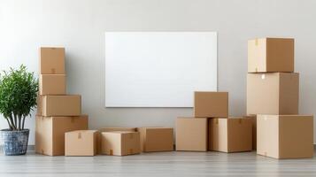 An organized space with stacked cardboard boxes and a blank whiteboard, ideal for storage or moving concepts. photo