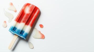 A vibrant popsicle with red, white, and blue layers, melting on a white surface, symbolizing summer and fun. photo