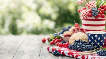 A vibrant display of berries and cookies perfect for patriotic celebrations and summer gatherings, set against a natural backdrop. photo