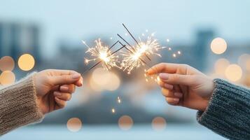Two hands share sparklers, lighting up the evening with joy and celebration, perfect for festive moments and gatherings. photo