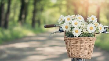 A charming bicycle with a basket of daisies, set against a lush green background, perfect for spring and summer themes. photo