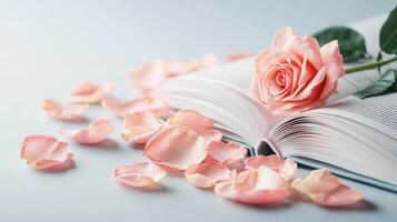 A beautiful pink rose lies on an open book surrounded by delicate rose petals, creating a romantic and serene atmosphere. photo
