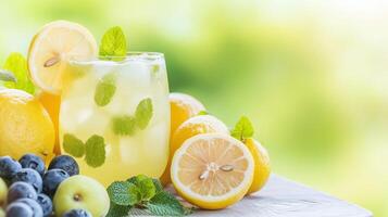 Refreshing lemon mint drink garnished with lemon slices, mint leaves, and surrounded by fresh lemons and blueberries. photo