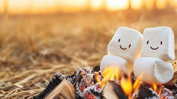 Two smiling marshmallows sit by a campfire on a lovely evening, evoking warmth and joy in a picturesque setting. photo