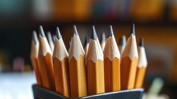 A collection of sharpened yellow pencils arranged aesthetically in a holder, perfect for art and stationery themes. photo