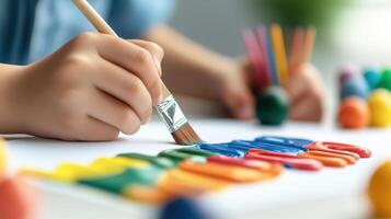 A close-up of a child's hand painting with a brush, showcasing vibrant colors and creativity in a joyful art session. photo