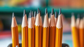 A close-up of sharpened yellow pencils arranged in a group. Perfect for educational materials, art projects, or stationery themes. photo
