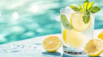 Refreshing lemon drink with mint and ice, perfect for summer by the poolside, offering a vibrant and thirst-quenching experience. photo