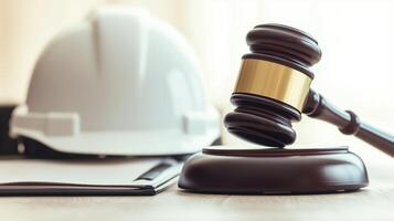A close-up of a gavel paired with a hard hat, symbolizing construction law and judicial authority in the workplace. photo