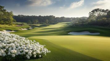 A serene golf course landscape with lush greens and blooming flowers under a bright sky, perfect for relaxation and sports. photo