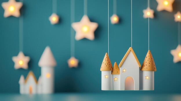 caprichoso colgando decoraciones presentando estrella y castillo formas, Perfecto para creando un soñador atmósfera en ninguna niño habitación. foto