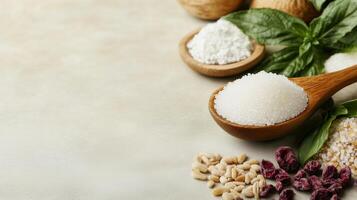 An artistic arrangement of sugar, herbs, and grains on a rustic surface, showcasing culinary ingredients for various recipes. photo