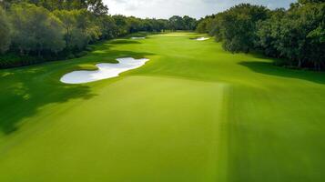 A scenic view of a lush golf course showcasing vibrant green grass and sand traps under a bright blue sky. photo