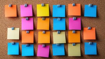 A vibrant collection of sticky notes arranged on a corkboard, perfect for organization, reminders, and creative ideas. photo
