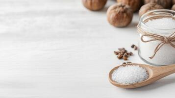 Elegant arrangement of sugar in a spoon next to a glass jar, adorned with spices, on a soft wooden surface. photo