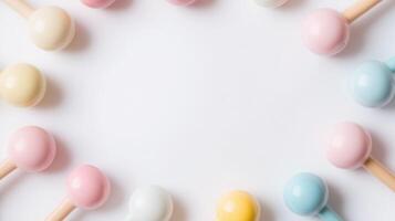 Colorful toy mallets arranged in a circular pattern on a white background, perfect for playful designs or children's projects. photo