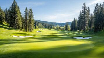 A picturesque golf course surrounded by towering trees, featuring lush greenery and pristine sand traps under a clear blue sky. photo