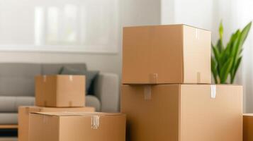 Cardboard boxes arranged in a cozy living room setting, symbolizing moving, packing, or storage activities. photo