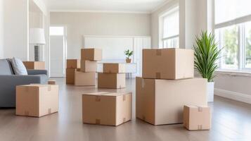 A cozy room filled with stacked cardboard boxes, perfect for conveying themes of moving, storage, and new beginnings. photo
