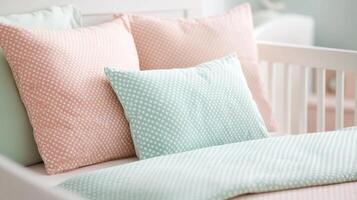 Soft pastel pillows in a cozy nursery setting, perfect for creating a calm and inviting atmosphere for babies. photo
