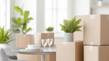 Stylish interior with stacked boxes, elegant table setting, and greenery, ideal for moving or home decor themes. photo