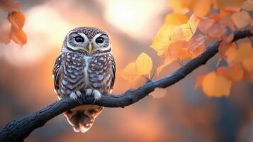 A stunning owl perched on a branch, surrounded by vibrant autumn leaves, showcasing nature's beauty in a captivating setting. photo
