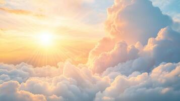 A beautiful sunrise breaking through fluffy clouds, illuminating the sky with warm colors and tranquility. photo