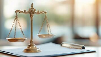 A close-up of a brass scale symbolizing justice, set on a desk with paper and a pen in a professional environment. photo