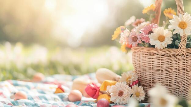 A charming picnic setup featuring a wicker basket filled with colorful flowers and fresh fruits on a sunny day. photo