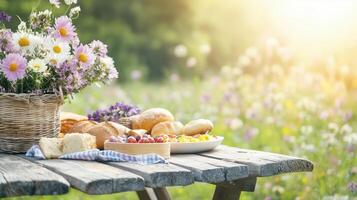A serene picnic scene with fresh flowers and an assortment of baked goods on a wooden table in a sunlit meadow. photo