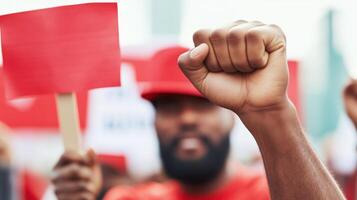A close-up of a raised fist during a protest, symbolizing solidarity and empowerment amidst voices for change. photo