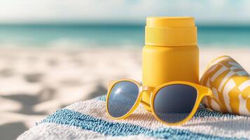 Bright summer essentials on a beach towel, featuring yellow sunglasses, a sunscreen bottle, and a refreshing drink container. photo