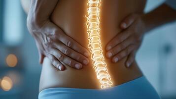 A close-up view of a spine illustration glowing against a blurred background, depicting back pain and health awareness. photo