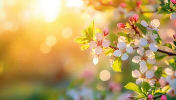 Spring blossom background. Beautiful nature scene with blooming tree and sun flare. Sunny day. Spring flowers. Beautiful Orchard. Abstract blurred background. photo