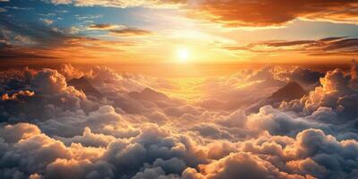 Beautiful sunset over the clouds, view from above, mountains in the distance, photorealistic photo