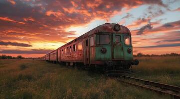 An old train on the railway track, countryside landscape with a beautiful sky, photo realistic