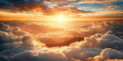 Beautiful sunset over the clouds, view from above, mountains in the distance, photorealistic photo
