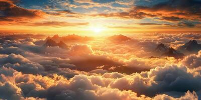 Beautiful sunset over the clouds, view from above, mountains in the distance, photorealistic photo