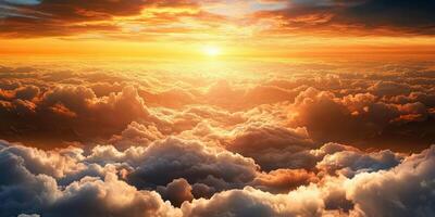 Beautiful sunset over the clouds, view from above, mountains in the distance, photorealistic photo