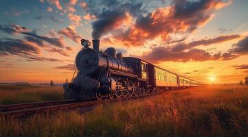 An old train on the railway track, countryside landscape with a beautiful sky, photo realistic