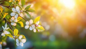 Spring blossom background. Beautiful nature scene with blooming tree and sun flare. Sunny day. Spring flowers. Beautiful Orchard. Abstract blurred background. photo