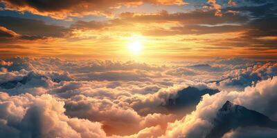 Beautiful sunset over the clouds, view from above, mountains in the distance, photorealistic photo