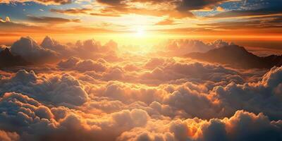 Beautiful sunset over the clouds, view from above, mountains in the distance, photorealistic photo